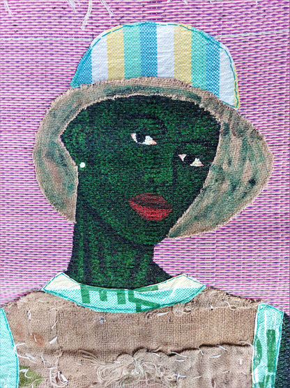 Emmanuel Kwaku Yaro (g. 1995, Gana) | True Self, 2022 | Akrilas, austa nailoninė medžiaga ir maišinis audinys ant plastiko, 182x136
