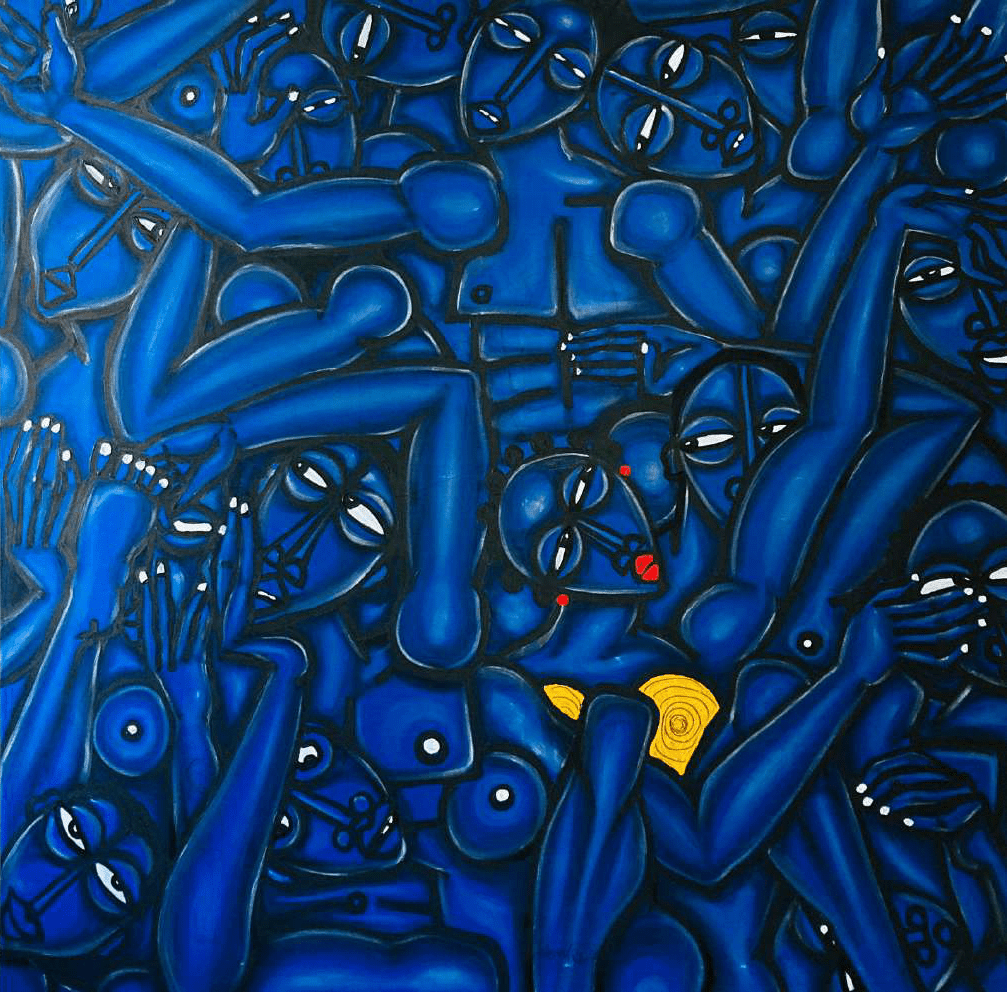 Obou Gbais (Ivory Coast) |  Boogie Woogie Dance Bleu, 2021 | Acrylic on tarpaulin, 141x145 (145x149)