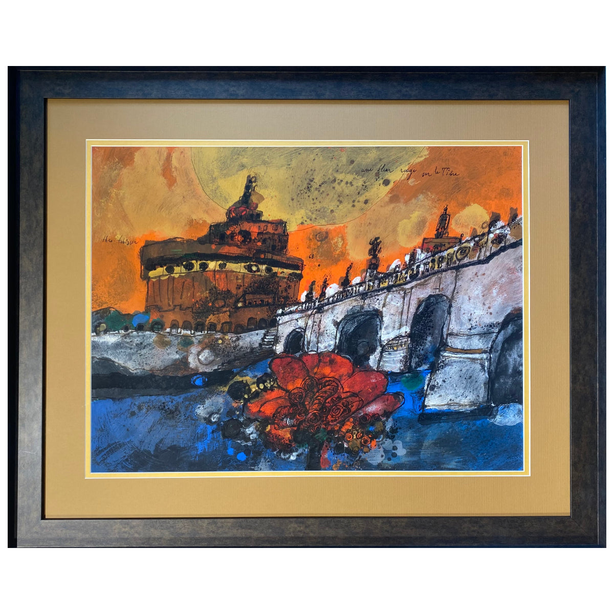 Theo Tobiasse | Un fleur rouge sur le Tibre / Raudona gėlė virš Tibro, 1968 | Guašas, tušas, popierius, 50x66 (72,5x88,5)