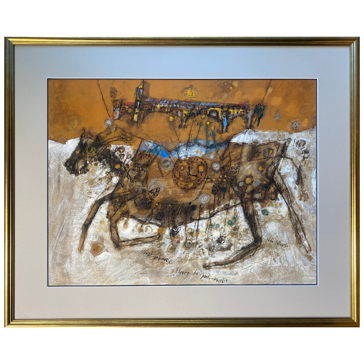 Theo Tobiasse | Cheval Peureux a l'heure de Ponte Vecchio / Baugus arklys Ponte Vecchio valandą, 1964 | Guašas, tušas, popierius, 48x64 (69x84)