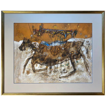 Theo Tobiasse | Cheval Peureux a l'heure de Ponte Vecchio / Baugus arklys Ponte Vecchio valandą, 1964 | Guašas, tušas, popierius, 48x64 (69x84)