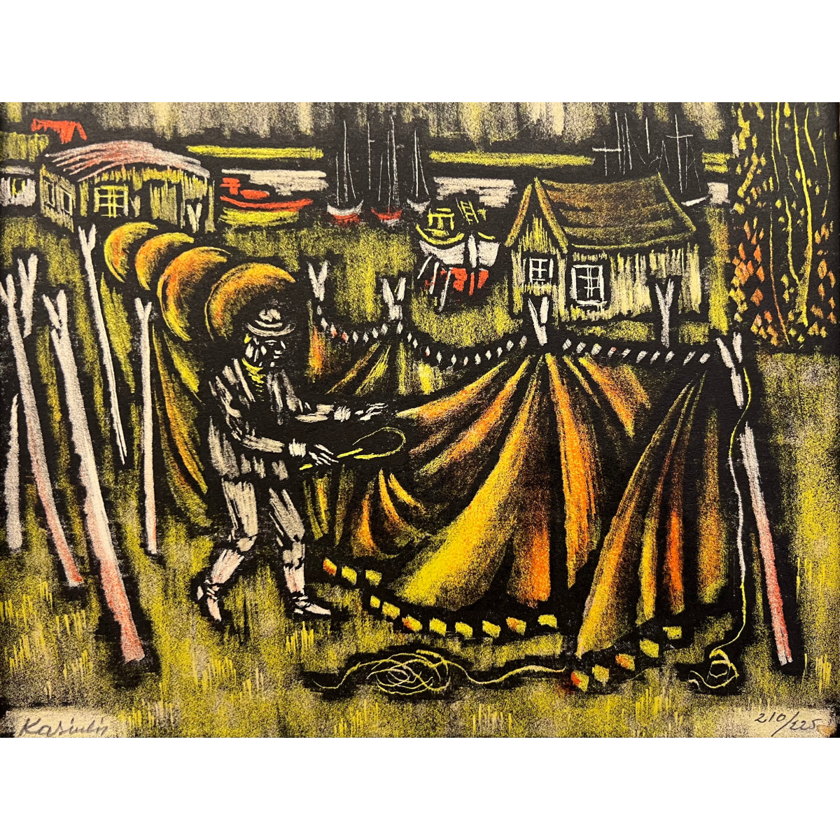 Vytautas Kasiulis | Žvejų tinklai | Litografija, 17x21 (31,5x32,5)