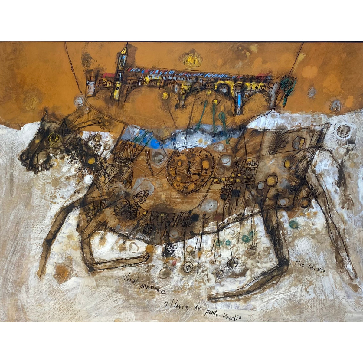 Theo Tobiasse | Cheval Peureux a l'heure de Ponte Vecchio / Baugus arklys Ponte Vecchio valandą, 1964 | Guašas, tušas, popierius, 48x64 (69x84)