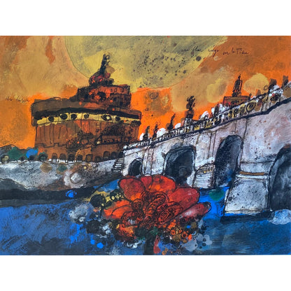 Theo Tobiasse | Un fleur rouge sur le Tibre / Raudona gėlė virš Tibro, 1968 | Guašas, tušas, popierius, 50x66 (72,5x88,5)