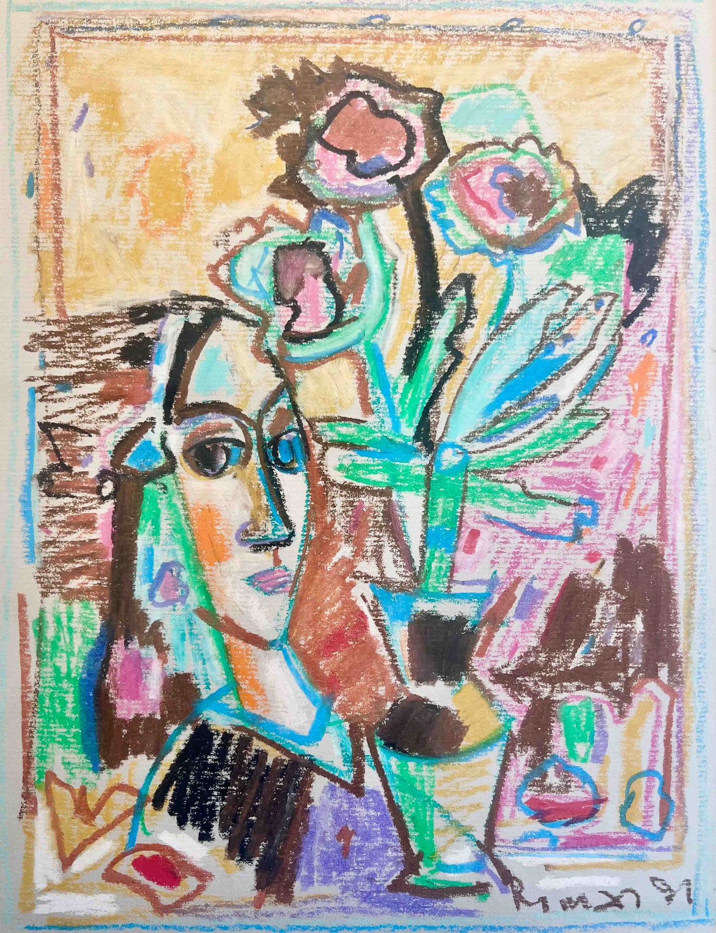 Rimas Bičiūnas | Woman and flower, 1991 | Oil sticks, charcoal pencil on paper, 31x24,5 (46,5x37,5)