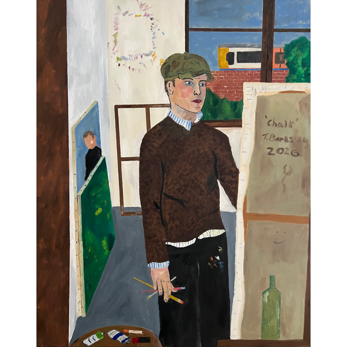 Theo Bardsley | Self Portrait in Hackney Studio, 2026 | Oil and oil stick on canvas, 102 x 81.5 cm