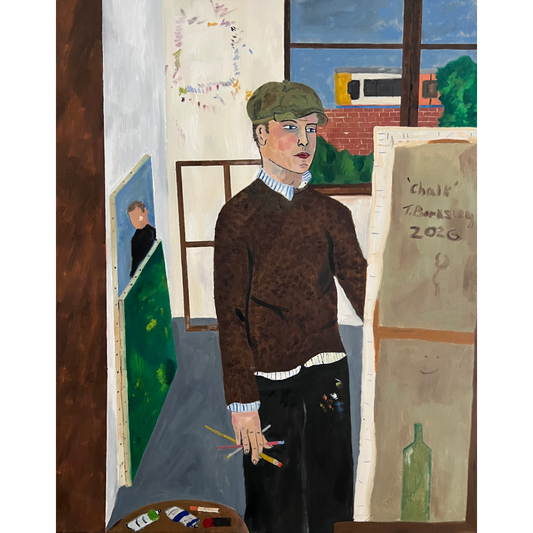 Theo Bardsley | Self Portrait in Hackney Studio, 2026 | Oil and oil stick on canvas, 102 x 81.5 cm