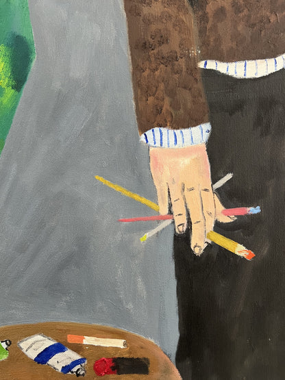 Theo Bardsley | Self Portrait in Hackney Studio, 2026 | Oil and oil stick on canvas, 102 x 81.5 cm