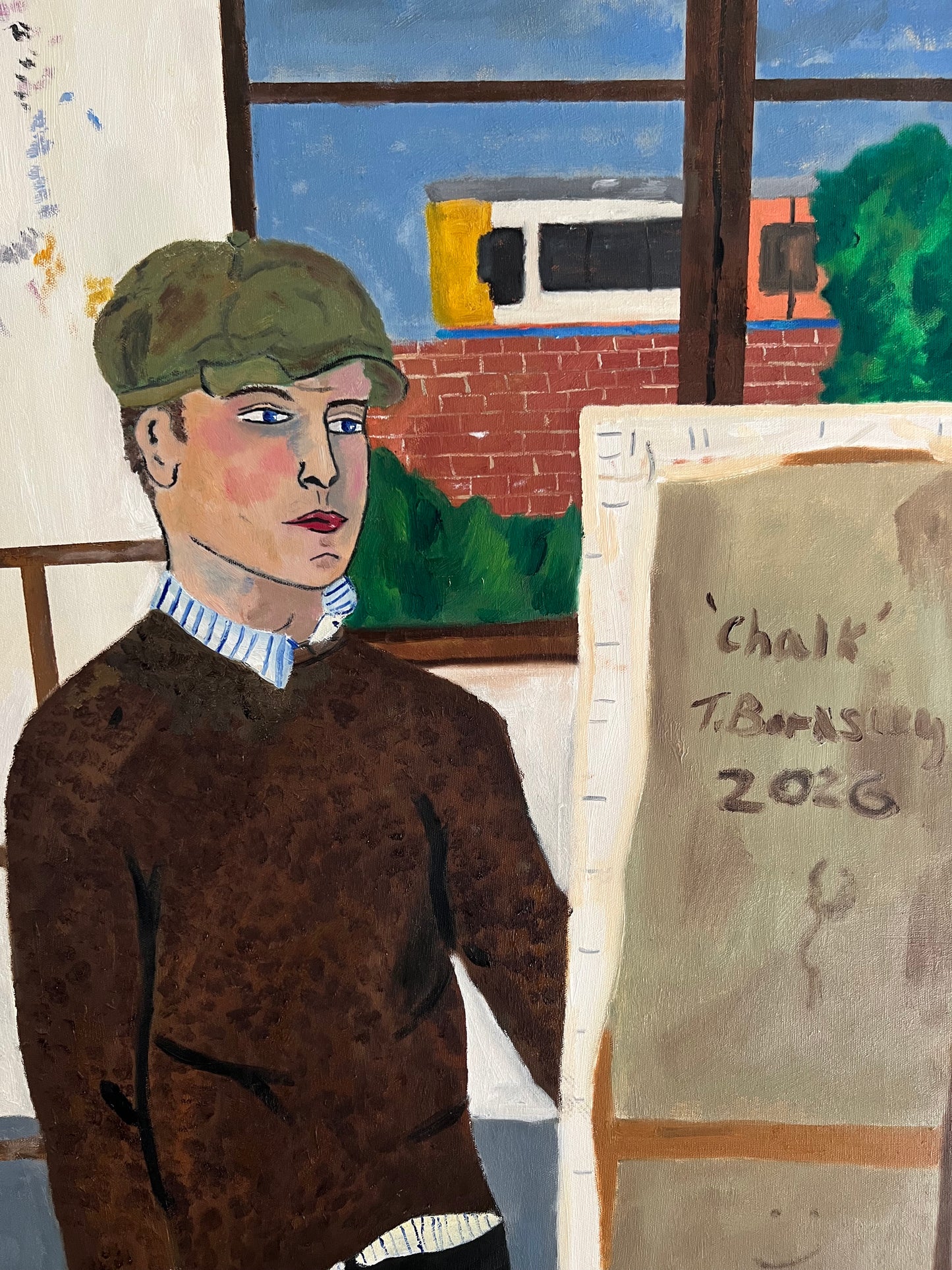 Theo Bardsley | Self Portrait in Hackney Studio, 2026 | Oil and oil stick on canvas, 102 x 81.5 cm