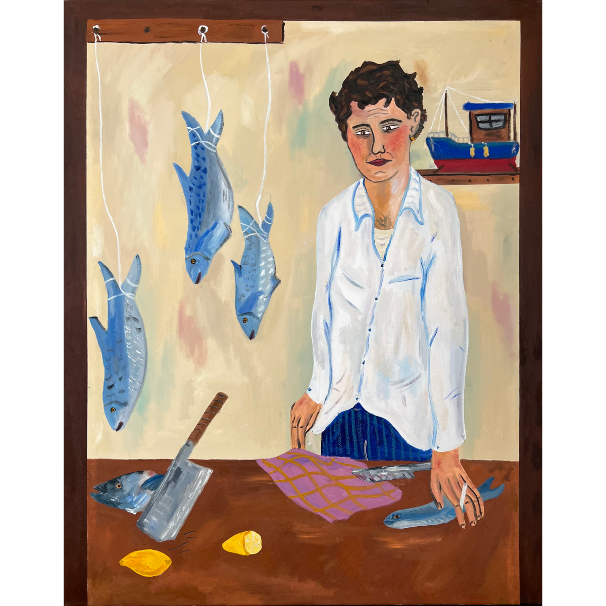 Theo Bardsley | The Fish Gutter (liet. Žuvų skrodėjas), 2026 | Drobė, aliejus, aliejinė kreidelė, 102 × 81,5 cm