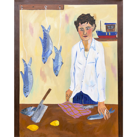 Theo Bardsley | The Fish Gutter (liet. Žuvų skrodėjas), 2026 | Drobė, aliejus, aliejinė kreidelė, 102 × 81,5 cm