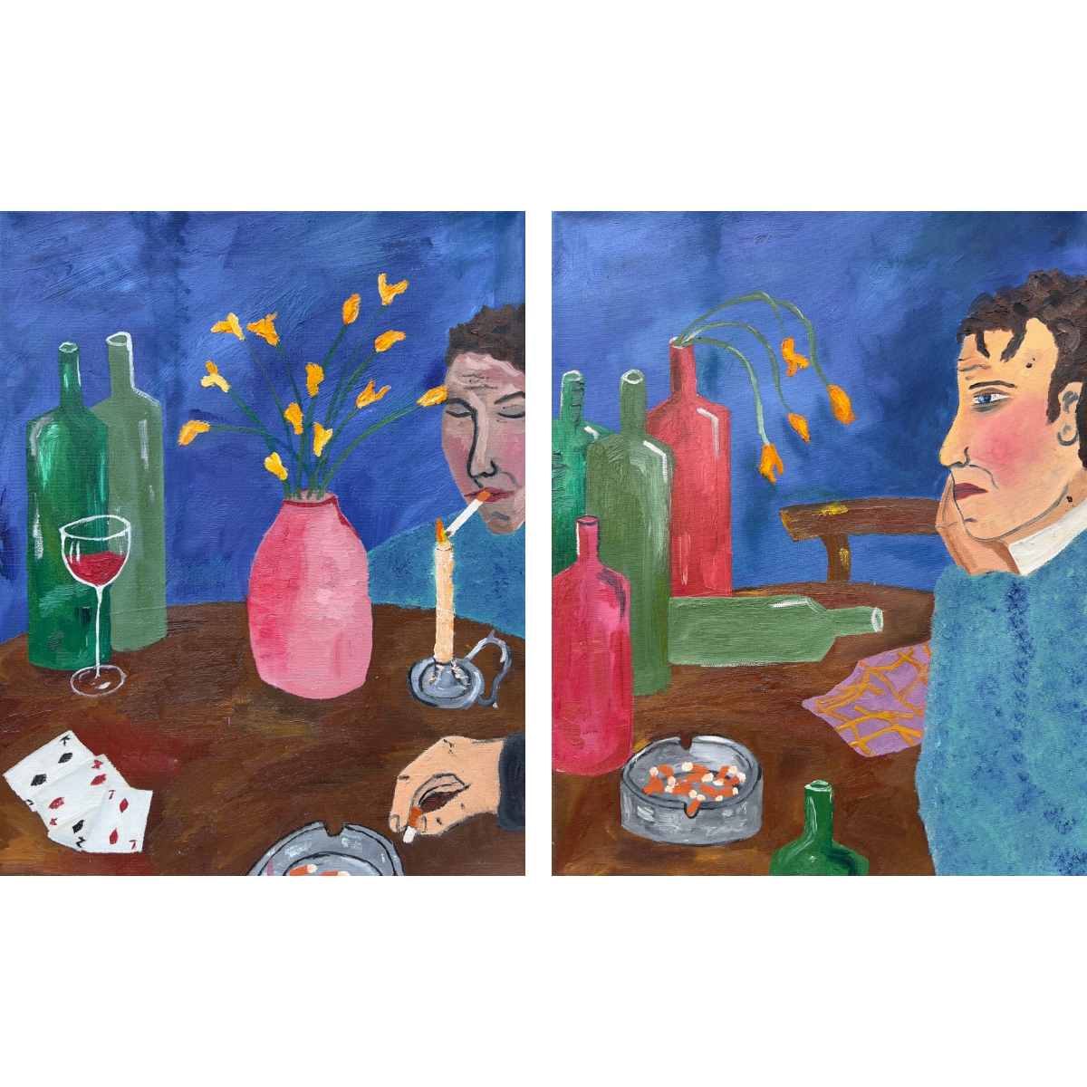 Theo Bardsley | The Same Table, 6 Hours Apart (liet. Tas pats stalas po 6 valandų), diptikas, 2026 | Drobė, aliejus,  51 x 81 cm (51 x 41 cm kiekvienas)