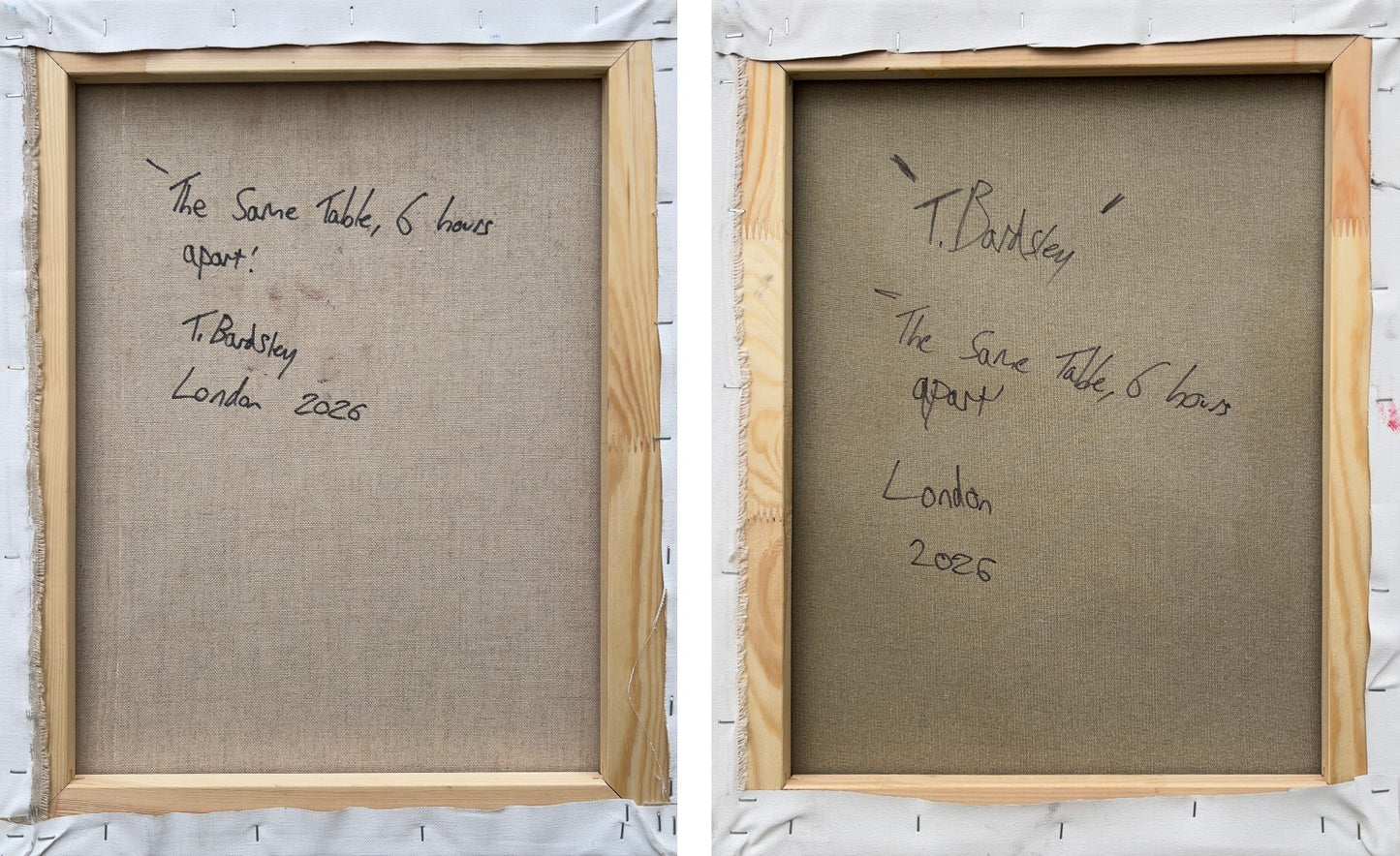 Theo Bardsley | The Same Table, 6 Hours Apart (liet. Tas pats stalas po 6 valandų), diptikas, 2026 | Drobė, aliejus,  51 x 81 cm (51 x 41 cm kiekvienas)