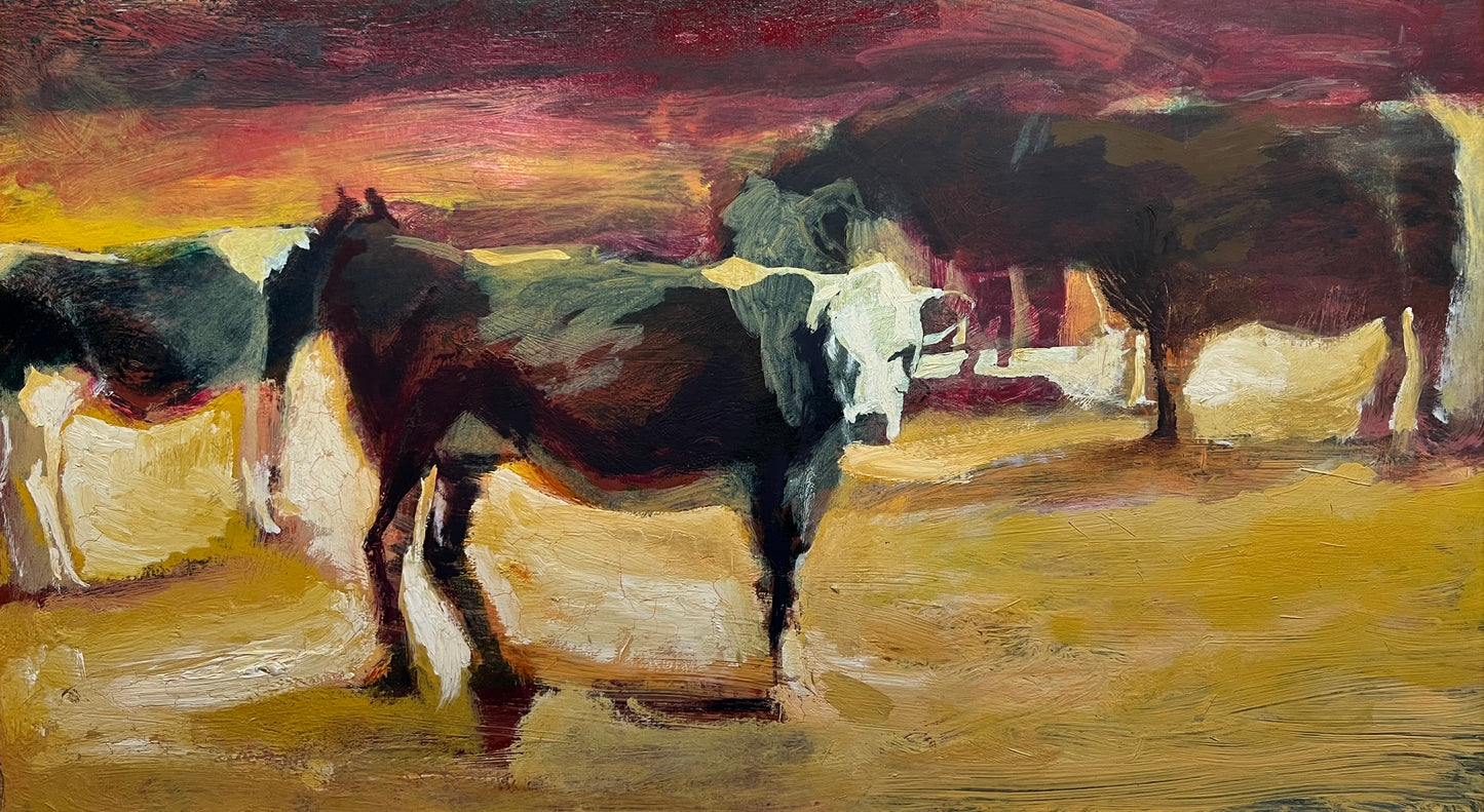 Vytas Bronius Kapočiūnas | Karvės dulkių audroje | Kartonas, aliejus, akrilas, 35×63 (48×74)