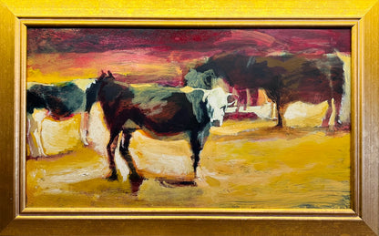 Vytas Bronius Kapočiūnas | Karvės dulkių audroje | Kartonas, aliejus, akrilas, 35×63 (48×74)