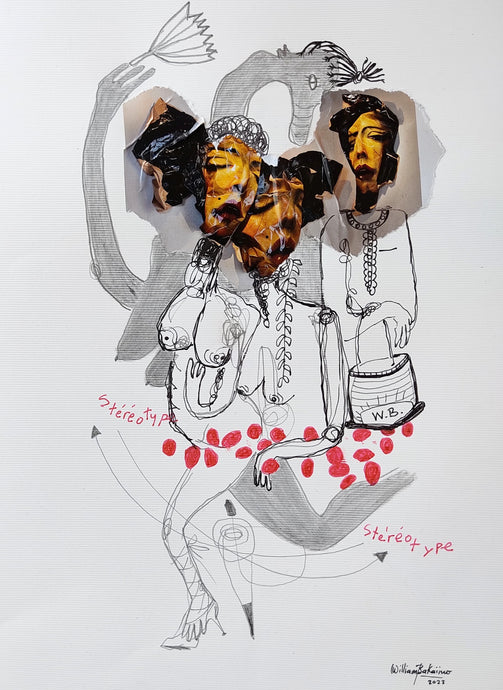 William Bakaïmo (Kamerūnas)<br>Je suis tel que je suis, 2023<br>Rašiklis, koliažas, popierius, 41×29