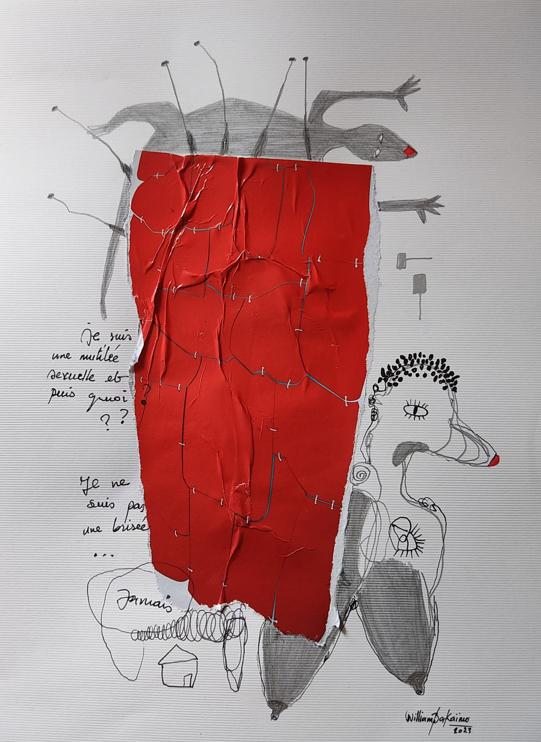 William Bakaïmo (Kamerūnas)<br>l'm not broken, 2023<br>Rašiklis, koliažas, popierius, 41x29