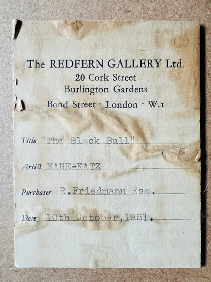 Emmanuel Mane-Katz | The Black Bull / Juodas bulius | Akvarėlė, popierius, 43x59 (56.5x61)