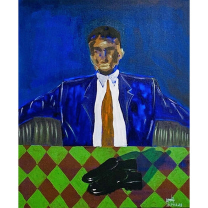 ALPHA ODH (Kenya) | The Man and No Laces Shoes, 2023 |  Acrylic, canvas, 60x50 (72x62)