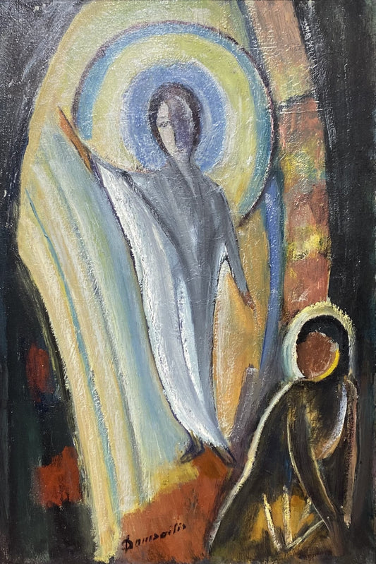 Pranas Domšaitis | Visitation by an Angel / Angelo apsilankymas | Aliejus, kartonas, 82,5x56 (92x65)