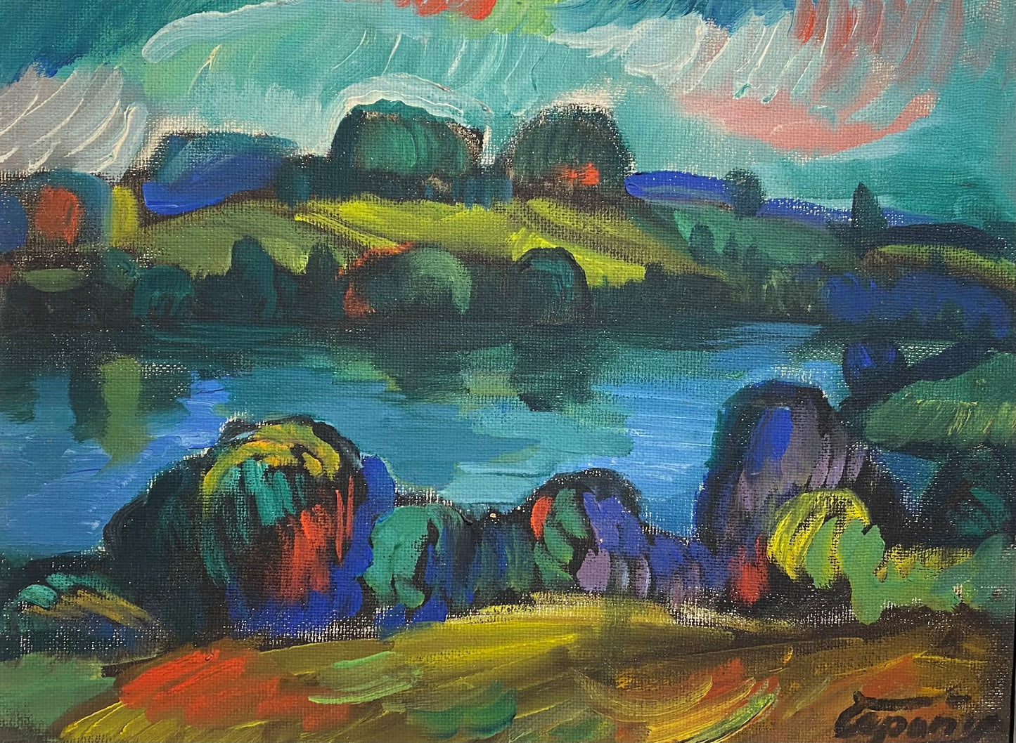 Jonas Čeponis | Dubingių ežeras, 1977 | Tempera, kartonas,  36x48 (46,5x58)