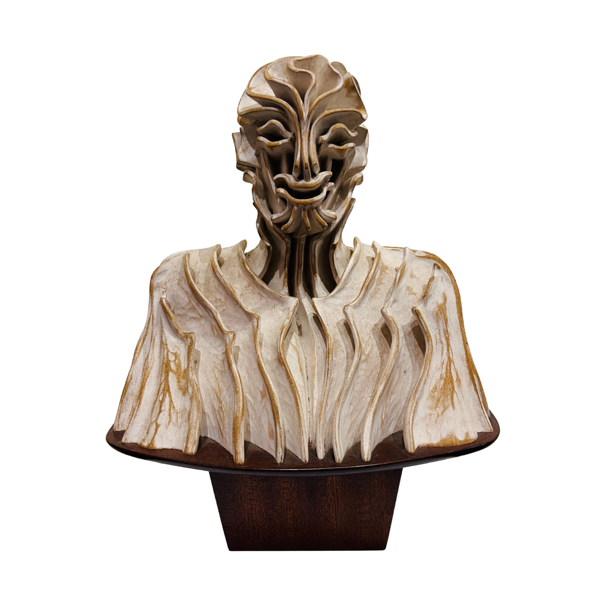 Pierre Dedieu (1928-2013, France) | Bust of a smiling man, 1960 | Wood with silver patina, 35.5x29x20