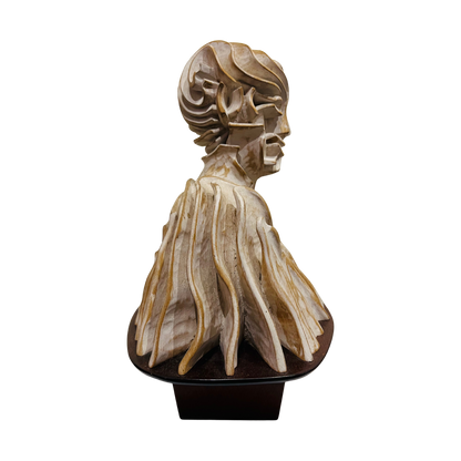 Pierre Dedieu (1928-2013, France) | Bust of a smiling man, 1960 | Wood with silver patina, 35.5x29x20
