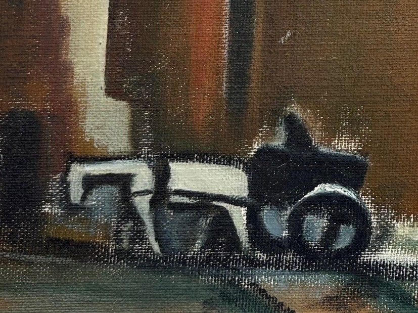 Pranas Domšaitis | Miesto peizažas (su vežimu) | Aliejus, kartonas, 36 x 53,5 cm (48 x 65)