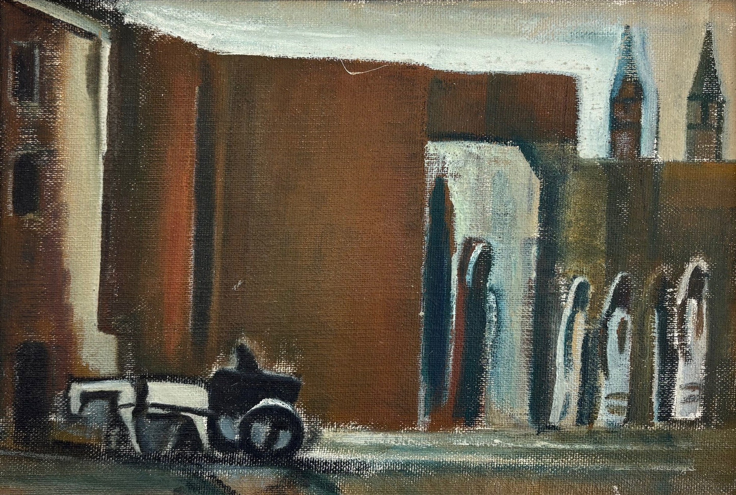 Pranas Domšaitis | Miesto peizažas (su vežimu) | Aliejus, kartonas, 36 x 53,5 cm (48 x 65)