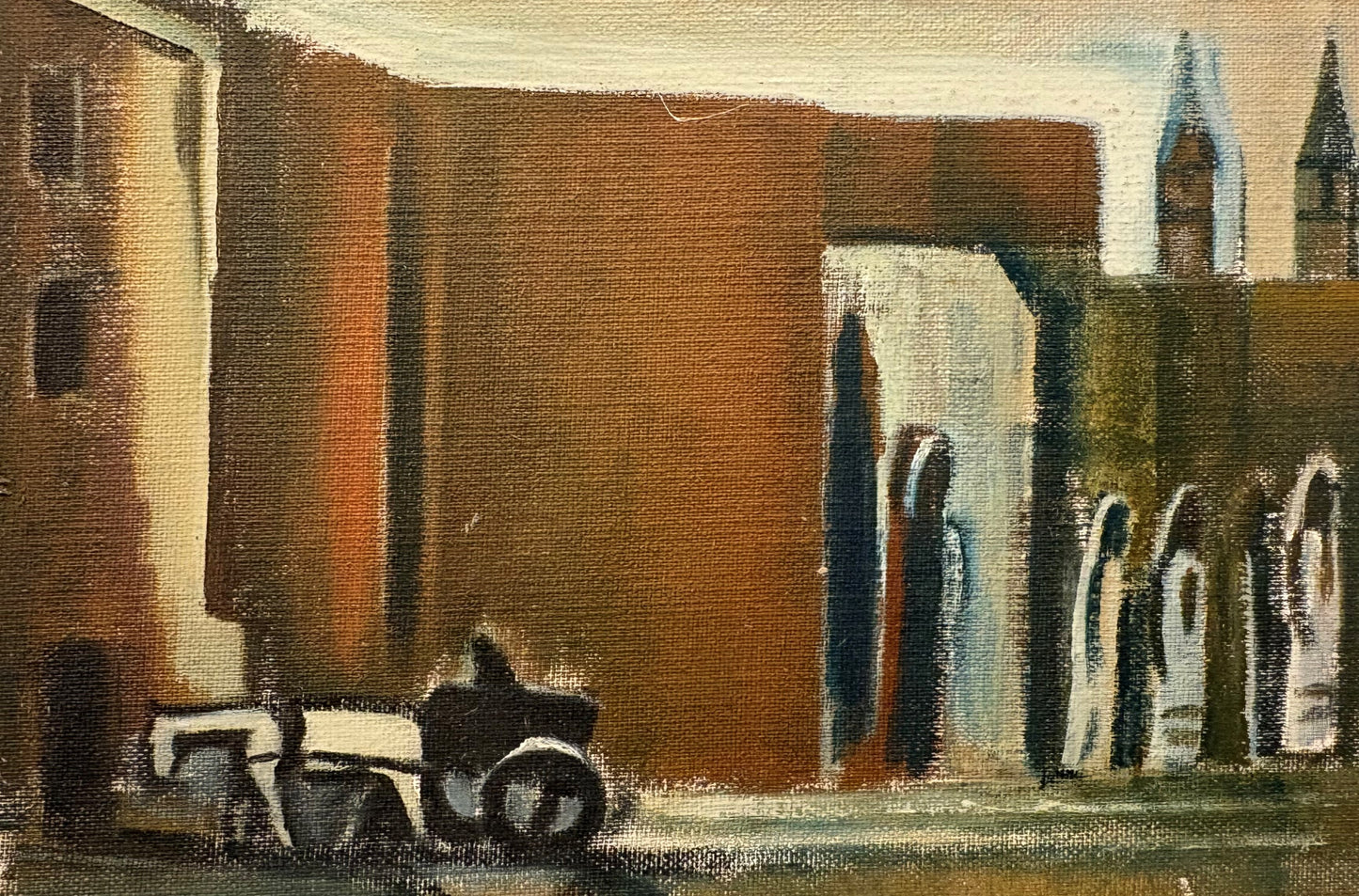 Pranas Domšaitis | Miesto peizažas (su vežimu) | Aliejus, kartonas, 36 x 53,5 cm (48 x 65)