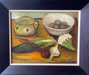 Pranas Domšaitis<br>Natiurmortas su daržovėmis<br>Aliejus, kartonas, 37x47 (50x60)