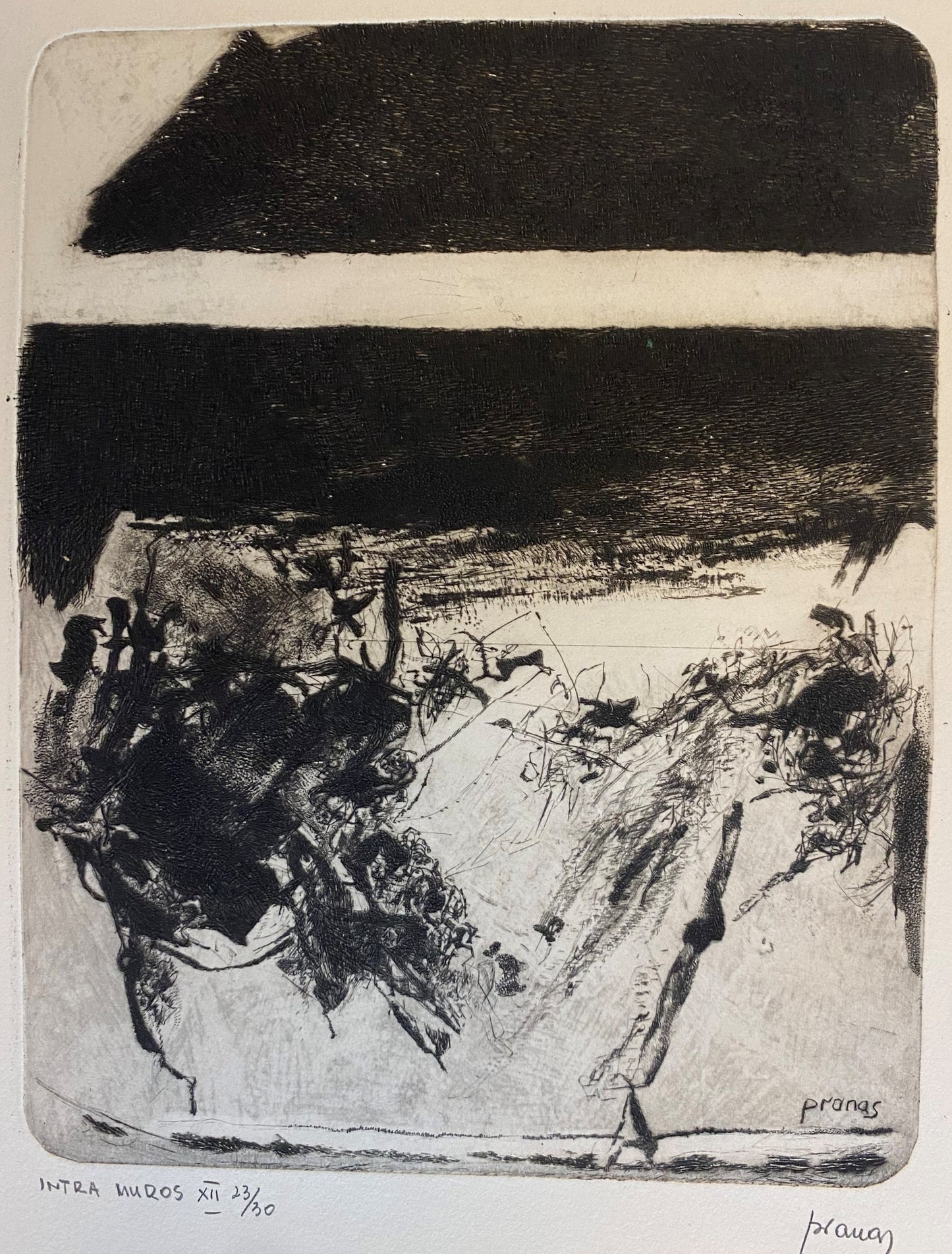 Pranas Gailius | Intra Muras XII, 1965 | Vario raižinys, sausa adata, kalinėjimas, popierius, 20,5x16,5 (53x36)