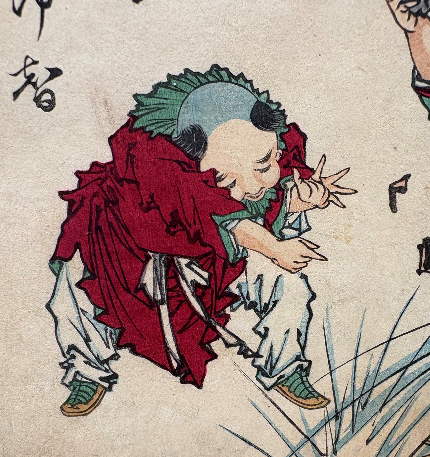 Tsukioka Yoshitoshi (月岡芳年) (1839-1892) | Onkō sudaužo indą ir išgelbsti vaiką | 1882 | Medžio graviūra, 19x23  (29,5x35)
