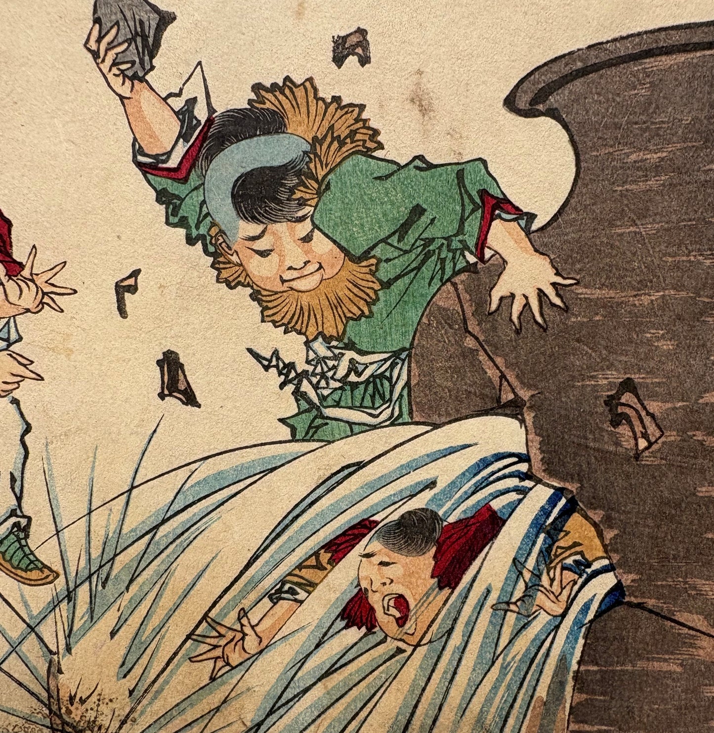 Tsukioka Yoshitoshi (月岡芳年) (1839-1892) | Onkō sudaužo indą ir išgelbsti vaiką | 1882 | Medžio graviūra, 19x23  (29,5x35)