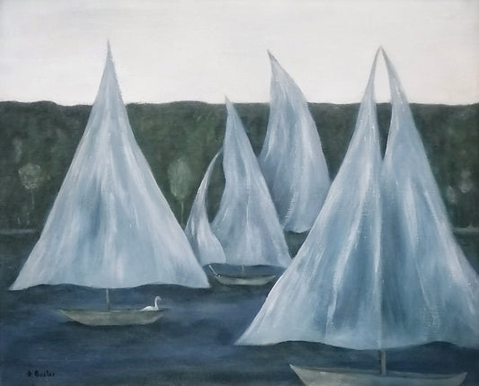 Aldona Gustas | Segelboote II / Burlaiviai, 1981 | Aliejus, drobė, 40,5x50 (45x55)