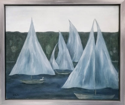 Aldona Gustas | Segelboote II, 1981 | Oil on canvas, 40,5x50 (45x55)