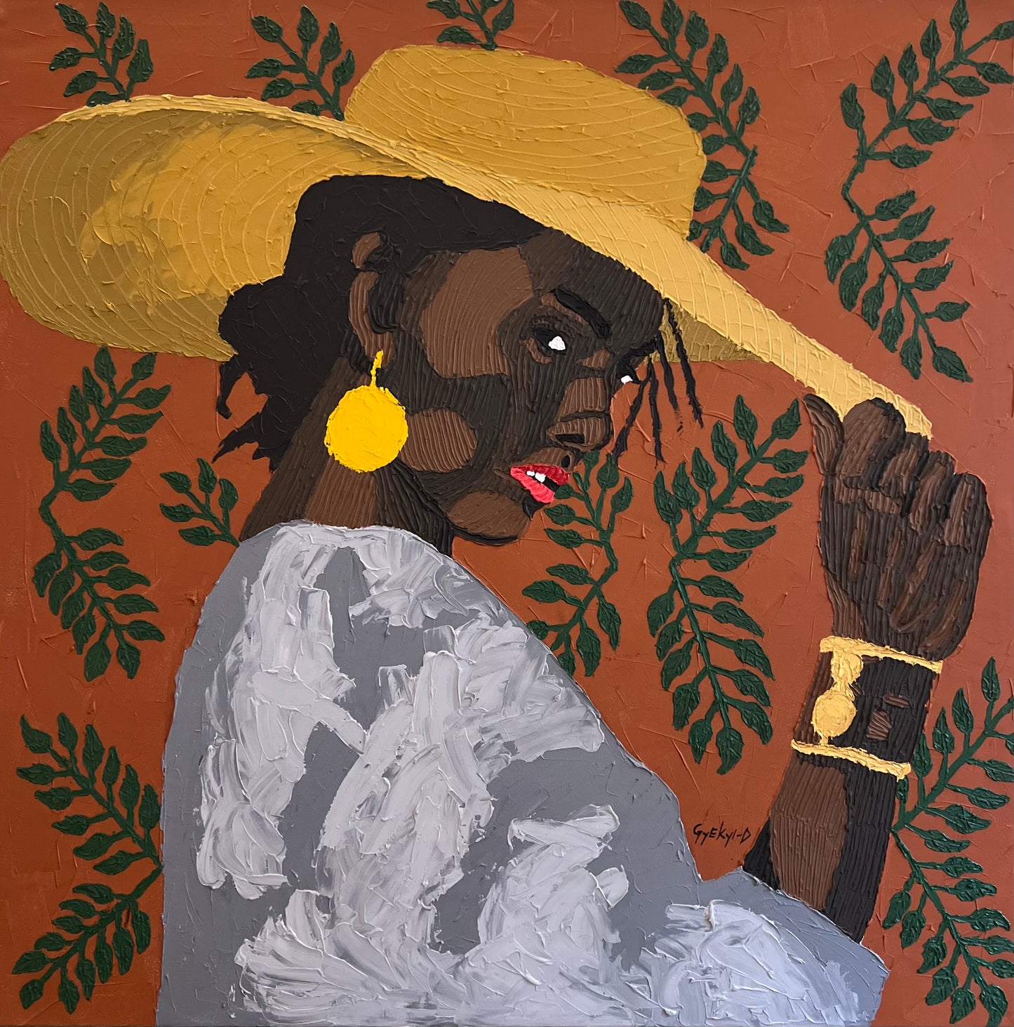 Daniel Gyekyi Gyan (Ghana) | The Hat, 2025 | Acrylic and modeling paste on canvas, 127×127 (130x130)