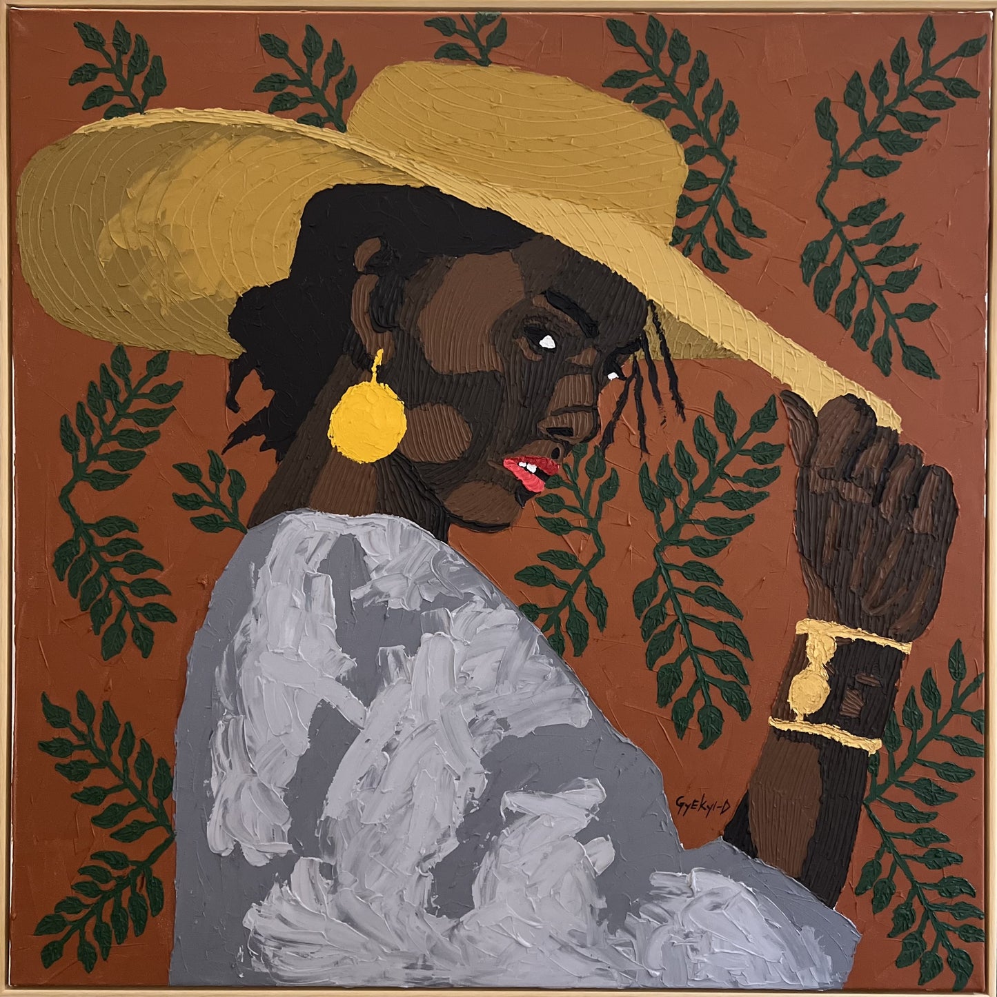 Daniel Gyekyi Gyan (Ghana) | The Hat, 2025 | Acrylic and modeling paste on canvas, 127×127 (130x130)