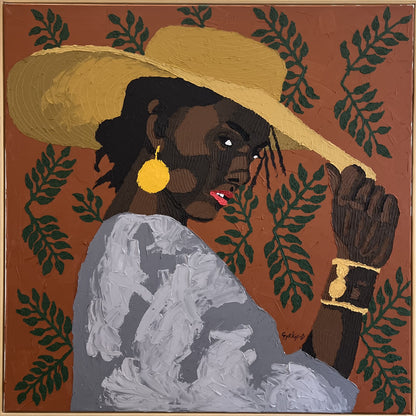 Daniel Gyekyi Gyan (Ghana) | The Hat, 2025 | Acrylic and modeling paste on canvas, 127×127 (130x130)