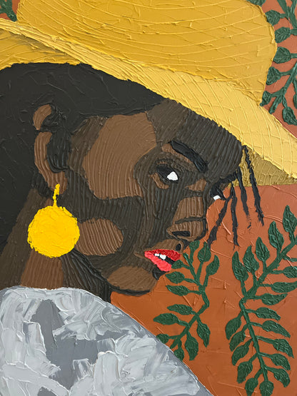 Daniel Gyekyi Gyan (Ghana) | The Hat, 2025 | Acrylic and modeling paste on canvas, 127×127 (130x130)