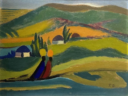 Pranas Domšaitis | Dvi figūros Karoo peizaže | Aliejus, kartonas, 32x42 (49x59)