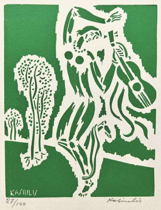 Vytautas Kasiulis | Girl with a guitar | Linocut, 27/100, 13.5x10.5 (25x20)