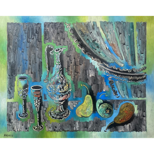 Vytautas Kasiulis | Natiurmortas su kriaušėmis | Aliejus, drobė, 64x80 (78x93)