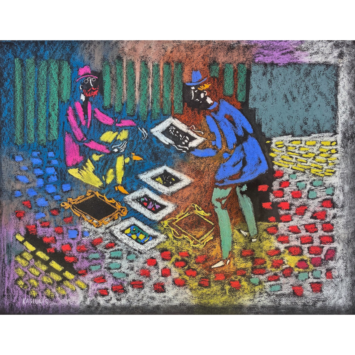 Vytautas Kasiulis | Prekiautojas paveikslais | Pastelė popierius, 48x64 (60x75)