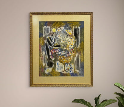 Vytautas Kasiulis | A couple and a rooster in a barn, 1950 | Pastel on paper, 65x53 (86x73)