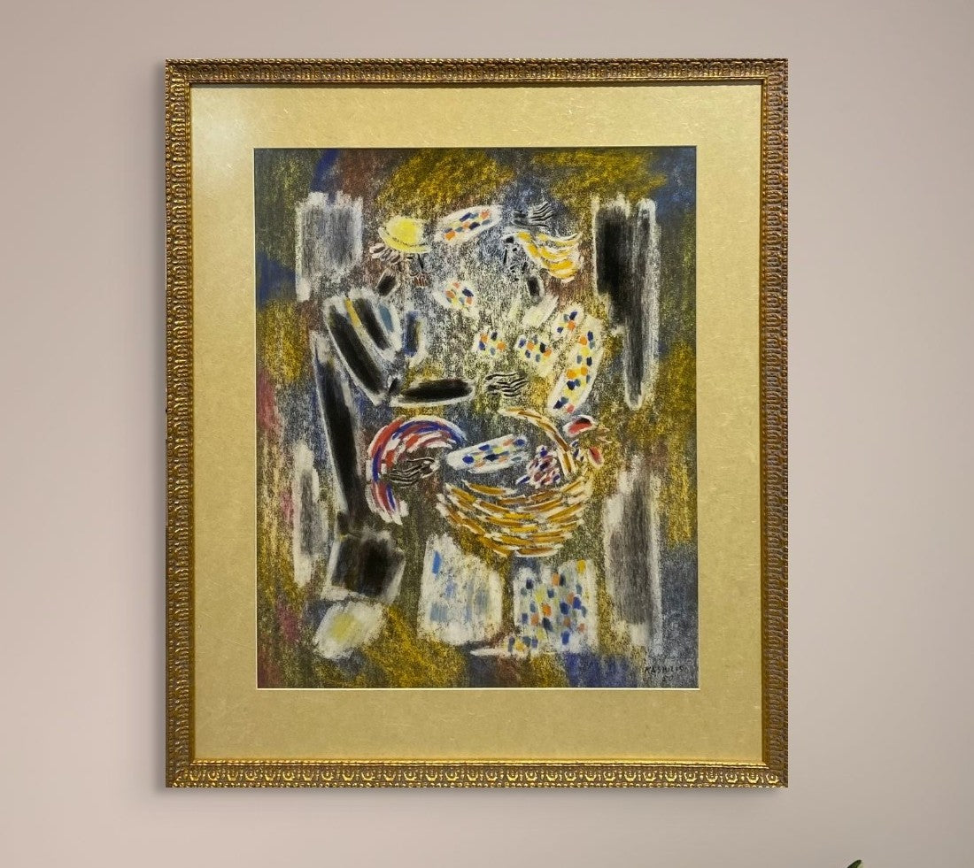 Vytautas Kasiulis | A couple and a rooster in a barn, 1950 | Pastel on paper, 65x53 (86x73)