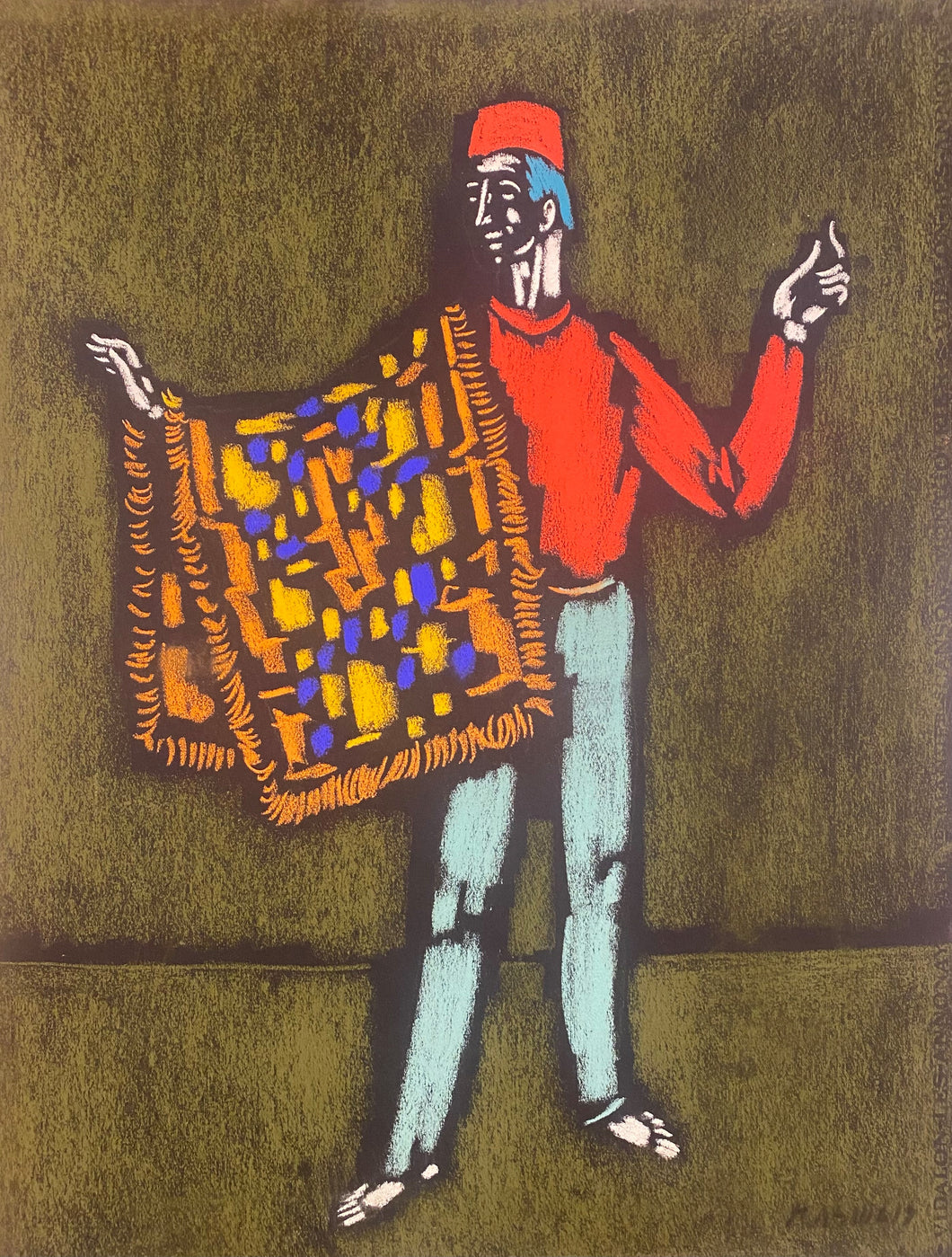 Vytautas Kasiulis<br>Vyras su kilimu, XX a. 5-6 deš.<br>Pastelė, popierius, 65x50 (71x56)