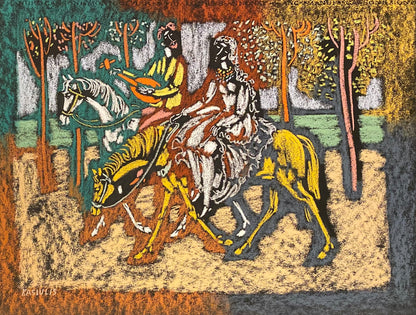 Vytautas Kasiulis | Jodinėjimas žirgais Bulonės miške | Pastelė, popierius, 50x65 (70x85)