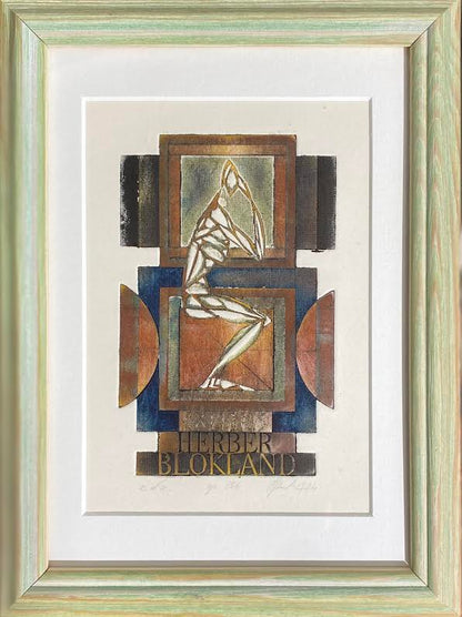 Antanas Kmieliauskas | Ekslibris Herber Blokland, 1974 | Pop., autorinė technika (spalv. tekstolito estampas), 13,3x8,5 (24x18)