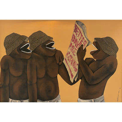 Thokozani Madonsela (PAR) | Better Days are Coming, 2021 | Drobė, akrilas, koliažas, 96x141 (113x156)